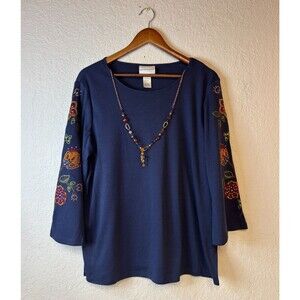 Alfred Dunner Women's Navy Embroidered 3/4 Flair Sleeve Shirt W/ Necklace - M